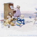 Kinderspiele: Kinder spielen verschiedene Musikinstrumente - Zeichnung von Lobrichon, hrsg. von Phosphatine Falières, v. 1920