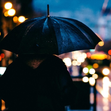 Abendstimmung in einer verregneten Großstadt. Im Vordergrund steht ein Mensch mit Regenschirm.