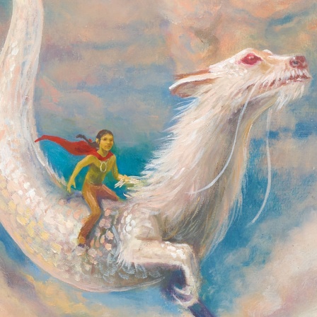 Zeichnung: Bastian reitet auf dem Drachen Fuchur neben Wolken im Himmel.