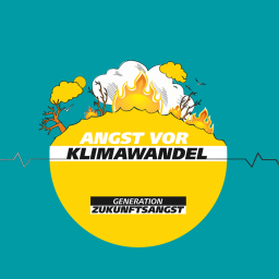 Eine Grafik trägt die Aufschrift "Angst vor Klimawandel". Im Hintergrund sieht man Flammen, kahle Bäume und Wolken. 