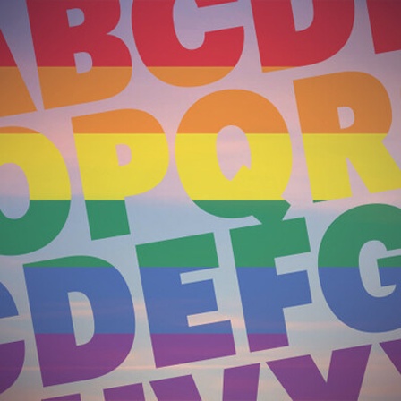 Die Buchstaben des Alphabets in Regenbogenfarben füllen das Bild aus.