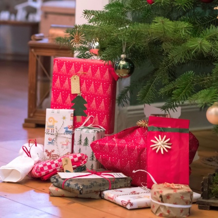 Unter einem geschmückten Weihnachtsbaum liegen Geschenke, Symbolbild