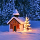 Ein beleuchteter Christbaum vor einer Kapelle im Winter