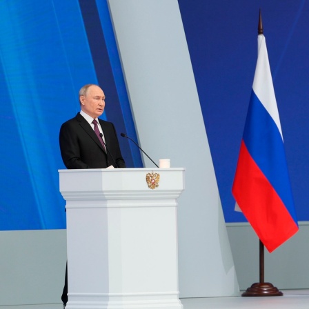 Russlands Präsident Vladimir Putin hält am 29. Februar 2024 eine Rede zur Lage der Nation.