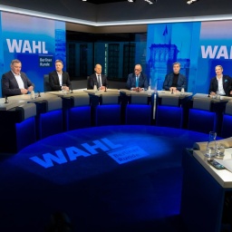 Berliner Runde. Amira Mohamed Ali (BSW), Jan van Aken (Linke), Robert Habeck (Grüne), Olaf Scholz (SPD), Friedrich Merz (CDU), Markus Soeder (CSU), Alice Weidel (AfD), Christian Lindner (FDP)