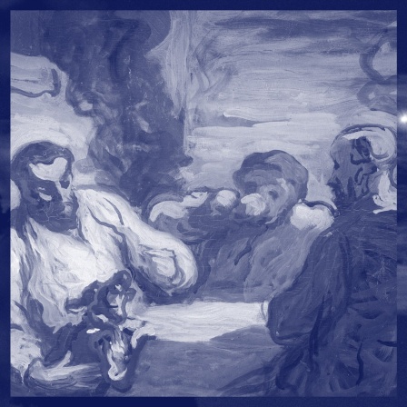 Drei Personen sitzen trinkend an einem Tisch im Gemälde von Honore Daumier: 'Au cafe' (Im Cafe / Laendliches Fruehstueck), um 1868. Oel auf Holz, 26,5 x 35 cm. Winterthur, Sammlung Oskar Reinhart.