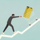 Illustration eines Geschäftsmannes, der unter sichtlicher Anstrengung ein Ölfass in einem Einkaufswagen einen steigenden Graph hinaufschiebt