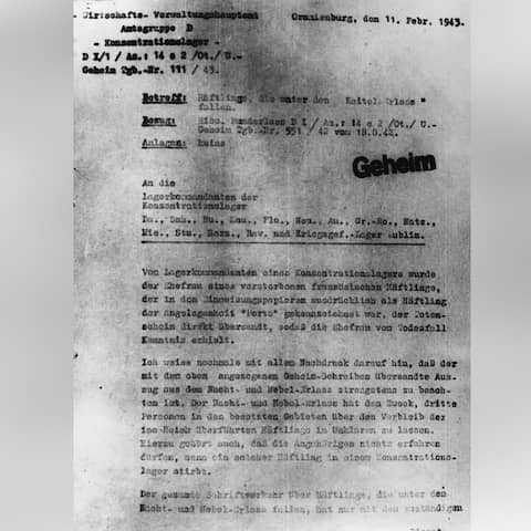Geheimes Schreiben des Wirtschafts-Verwaltungshauptamtes vom 11. Februar 1943 an die Lagerkommandanten der Konzentrationslager über die Durchführung des "Nacht- und Nebel- Erlasses"