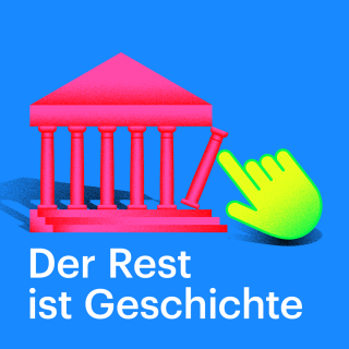 Illustrative Grafik eines Tempels, bei dem eine Säule droht umzustürzen, als Symbol für den Deutschlandfunk-Podcast "Der Rest ist Geschichte"