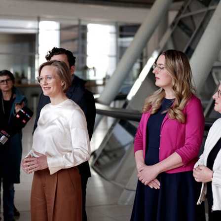 Statement der Parteispitze: Felix Banaszak und Franziska Brantner, (beide Co-Vorsitzende von Bündnis 90 Die Grünen) Katharina Droege, Britta Hasselmann (beide Co-Vorsitzende der Bundestagsfraktion) am 10.03.2025
