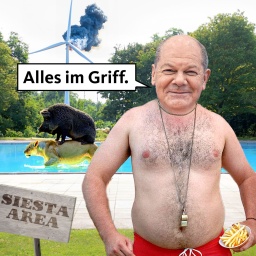 Bildmontage: Olaf Scholz als Bademeister in Berlin mit Sprechblase "Alles im Griff", Rechte: WDR