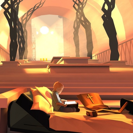 Im Still aus "That Dragon, Cancer" liest der Spieleprotagonist etwas auf seinem Tablet, umgeben von religiösen Symbolen.