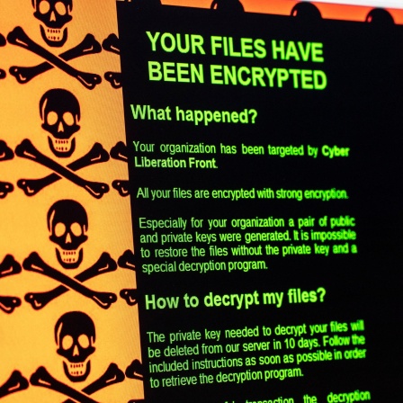Computerbildschirm mit Erpresserbotschaft und Totenköpfen: Your files have been encrypted. - Ransomware, auch Erpressungssoftware, Kryptotrojaner oder Verschlüsselungstrojaner genannt, sind Schadprogramme. Sie ermöglichen Eindringlingen den Zugriff und