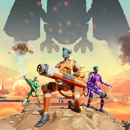 Keyvisual des Virtual Reality Experiments &#034;GreenGuardiansVR&#034; zeigt die Spieleroboter in einer virtuellen Welt, in die sich die Mitspielenden verwandeln.