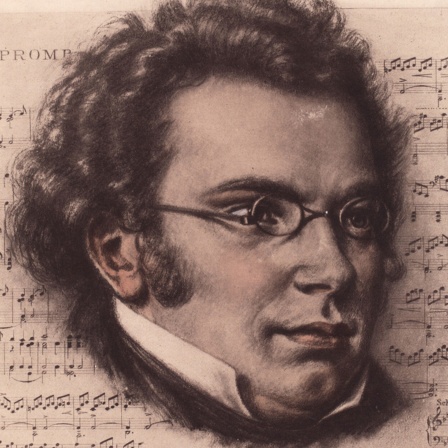 Schwarz-Weiß Zeichnung von Franz Schubert vor einem Notenblatt