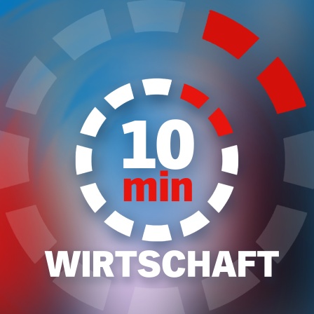 Runder Timer mit roten und weißen Segmenten, in der Mitte „10 min“, darunter „WIRTSCHAFT“ vor blau-rotem Hintergrund.