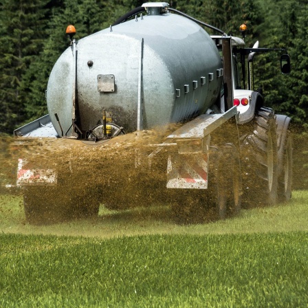 Ein Bauer bringt Gülle auf einem Feld aus.