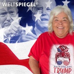 Eine Trump-Anhängerin vor einer US-Flagge, im Hintergrund Joe Biden und Donald Trump