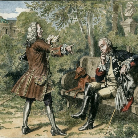  Friedrich II. und Voltaire im Park von Sanssouci. Ein Holzstich von 1857, nach Zeichnung von Wilhelm Camphausen ( spätere Kolorierung).