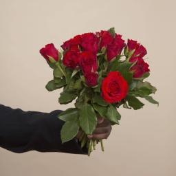 Eine ausgestreckte Hand hält einen Strauß rote Rosen.