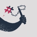 Illustration einer Hand mit einer schwingenden Kettenkeule, an deren Ende ein rot eingefärbtes Hashtag-Zeichen befestigt ist.