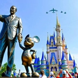 Eine Bronzestatue von Walt Disney und Mickey Mouse steht in Disney World Orlando vor dem Cinderellaschloss.