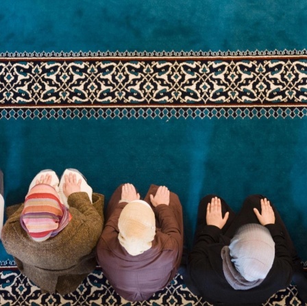 Sechs muslimische Frauen beten in der Sehitlik Moschee in Berlin-Neukölln. Das Foto zeigt sie von oben, aus der Vogelperspektive.