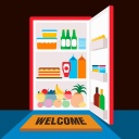 Illustration: Willkommensmatte vor einem offenen Kühlschrank. 