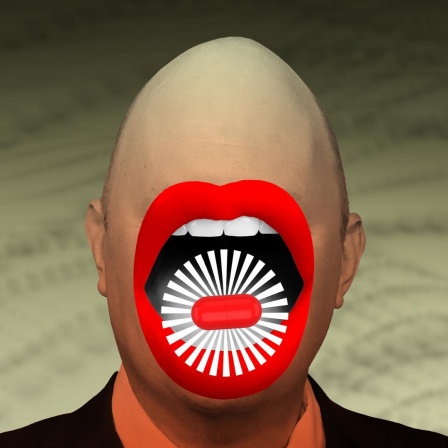 Collage einer Person mit Glatze, deren Augen nicht zu sehen sind. Sie hat einen überdimensional großen Mund mit roten Lippen, auf dem eine rote Pille mit Heiligenschein schwebt.