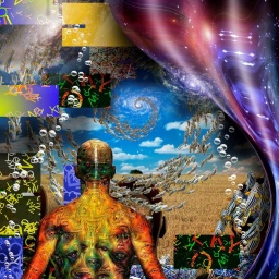 Illustration eines Mannes von hinten in einer surrealen Landschaft.
