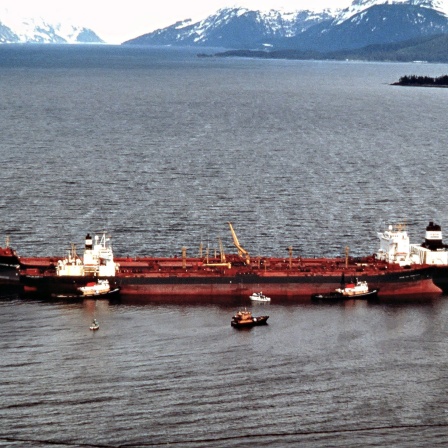 Der Öltanker &#034;Exxon Valdez&#034; lief am 24.3.1989 im Prinz-William-Sund vor Alaska auf Grund. 40.000 Tonnen ausgelaufenes Rohöl lösten eine Umweltkatastrophe aus.