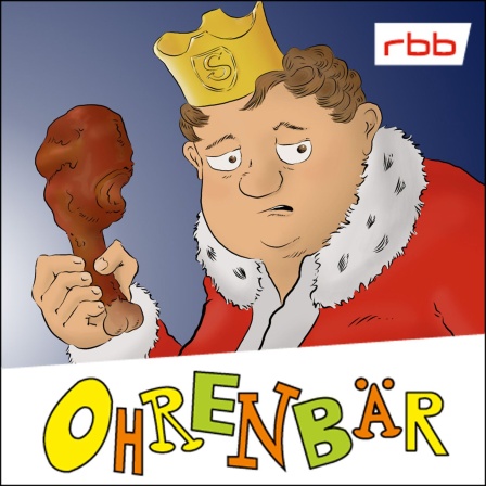 Zeichnung vom Sprecher der Hörgeschichte, Boris Aljinovic: König Ladislaus mit Krone und roter Königsrobe, in der rechten Hand eine Keule (Quelle: Boris Aljinovic)