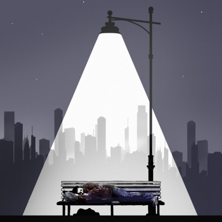 Illustration: ein Laternenmast beleuchtet einen Obdachlosen auf einer Bank.