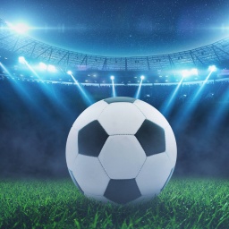 Fußball auf dem Rasen in einem modernen Stadion mit blauem Flutlicht