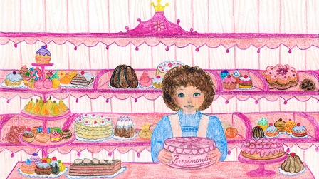 Bunte Zeichnung: eine Bäckerin im Laden mit Torten und Gebäck (Quelle: Charlotte Rieger)