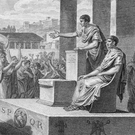 Historische Abbildung: Konsul Bibulus versucht sich den Ambitionen Cäsars entgegenzustellen.
