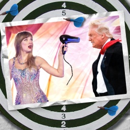 Eine Foto Montage zeigt Popstar Taylor Swift, die Donald Trump mit einem Fön heiße Luft ins Gesicht bläst.