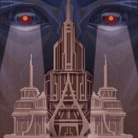 Illustration für das Hörspiel Cassandra Rising: Gebäude, welches vor einem düsteren Hintergrund von starrenden Augen beleuchtet wird.