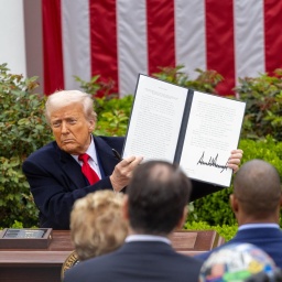 US-Präsident Donald Trump hält vor Zuschauern eine Durchführungsverordnung über „reziproke Zölle“ hoch. Im Hintergrund ist die US-Flagge zu sehen.