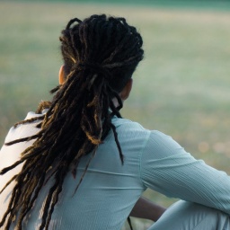 Oberkörper eines Mannes mit Dreadlocks, der auf einer Wiese sitzend von hinten