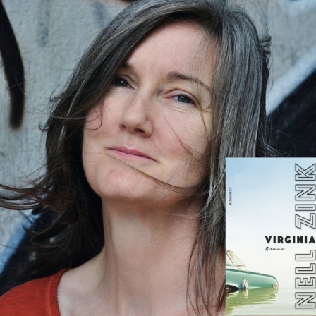 Zu sehen ist die Autorin Nell Zink und das Cover ihres Romans "Virginia".