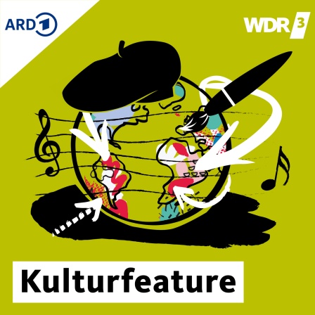 Illustration WDR 3 Kulturfeature: Globus, Musiknote und Pinsel.