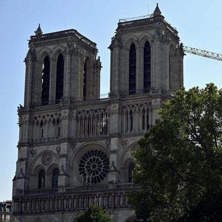 Ein Kran steht neben Notre Dame 