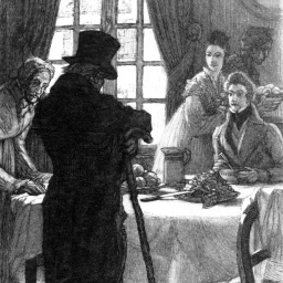 Illustration von Vater Grandet, einer Figur von Honoré de Balzac, mit Zylinder vor einem gedeckten Tisch.