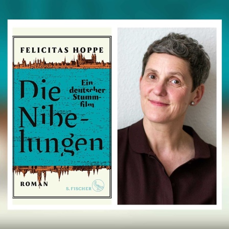 Die Autorin Felicitas Hoppe neben dem Cover ihres Romans &#034;Die Nibelungen. Ein deutscher Stummfilm&#034;