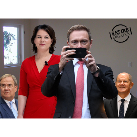 Montage eines Selfies von Lindner, Baerbock und im Hintergrund Laschet und Scholz