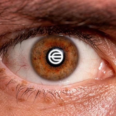 Logo von Worldcoin in der Iris eines menschlichen Auges (Montage, Symbolbild)