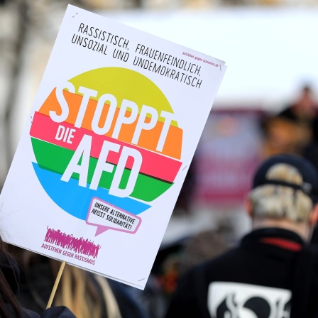 Auf einem bunten Plakat bei einer Anti-AfD-Demonstration steht: &#034;Rassistisch, frauenfeindlich, unsozial und undemokratisch. Stoppt die AfD. Unsere Alternative heißt Solidarität&#034;.