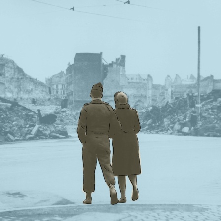 Frühjahr 1946 (od. Dez. 1945): Ein US-Soldat und eine deutsche Frau in einer kriegszerstörten Strasse in Frankfurt.