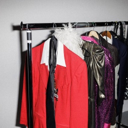 Das Bild zeigt eine Garderobenstange mit bunten Bühnenoutfits wie Federboa und einem roten Glitzeranzug.